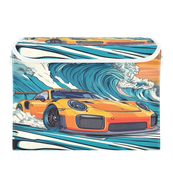 16.5x12.6x11.8in Foldable Flip-Top Storage Bin, Dustproof Magic Tape Closure, Ideal for Home & Toy Organization，Race Car