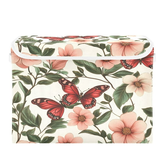 16.5x12.6x11.8in Foldable Flip-Top Storage Bin, Dustproof Magic Tape Closure, Ideal for Home & Toy Organization，Red Butterfly