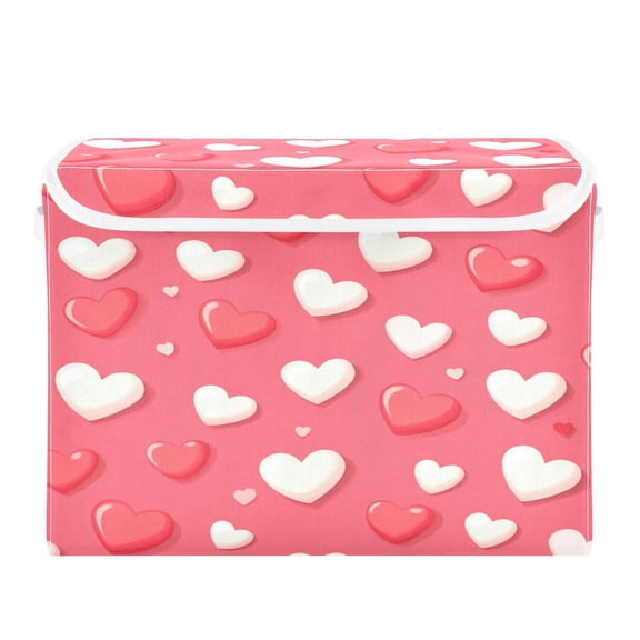 16.5x12.6x11.8in Foldable Flip-Top Storage Bin, Dustproof Magic Tape Closure, Ideal for Home & Toy Organization，Red and White Hearts