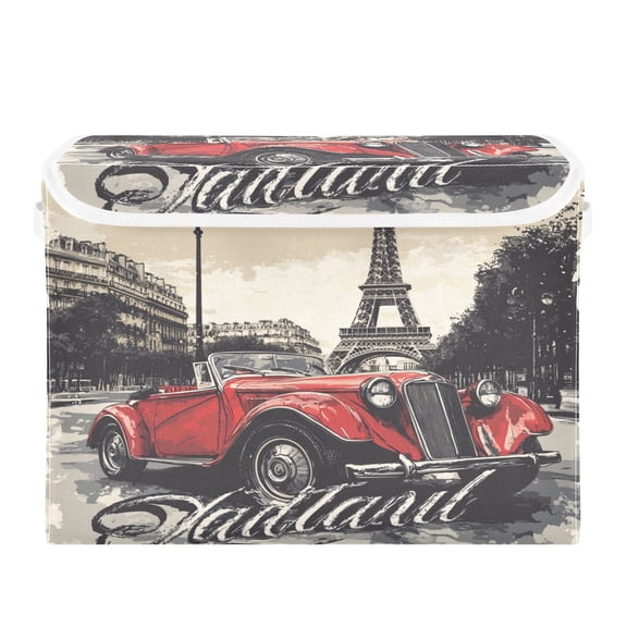 16.5x12.6x11.8in Foldable Flip-Top Storage Bin, Dustproof Magic Tape Closure, Ideal for Home & Toy Organization，Retro Car and Eiffel Tow