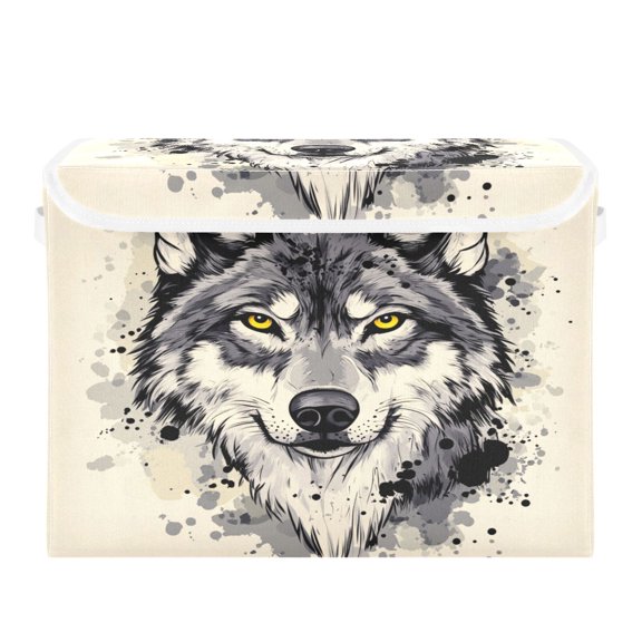 16.5x12.6x11.8in Foldable Flip-Top Storage Bin, Dustproof Magic Tape Closure, Ideal for Home & Toy Organization，Sketched Wolf