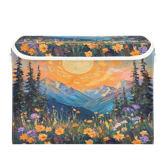 16.5x12.6x11.8in Foldable Flip-Top Storage Bin, Dustproof Magic Tape Closure, Ideal for Home & Toy Organization，Sun and Flowers