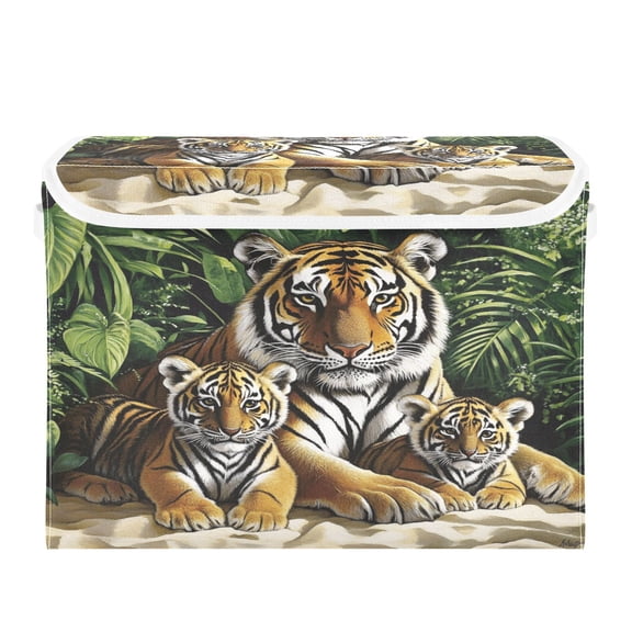 16.5x12.6x11.8in Foldable Flip-Top Storage Bin, Dustproof Magic Tape Closure, Ideal for Home & Toy Organization，Three Fierce Tigers