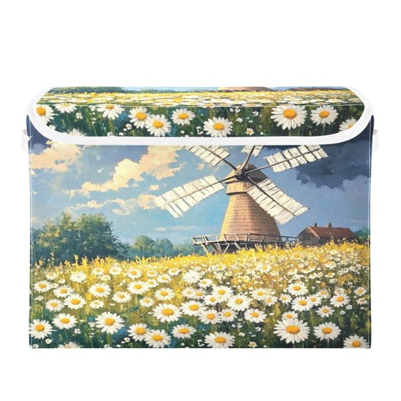 16.5x12.6x11.8in Foldable Flip-Top Storage Bin, Dustproof Magic Tape Closure, Ideal for Home & Toy Organization,Windmill and Daisy
