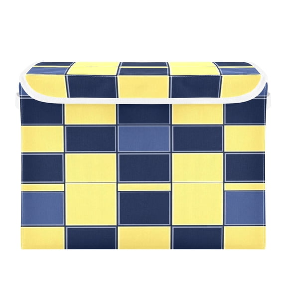 16.5x12.6x11.8in Foldable Flip-Top Storage Bin, Dustproof Magic Tape Closure, Ideal for Home & Toy Organization,Yellow and Blue Squares