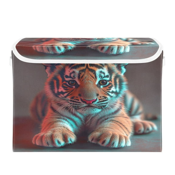 16.5x12.6x11.8in Foldable Flip-Top Storage Bin, Dustproof Magic Tape Closure, Ideal for Home & Toy Organization，Young Tiger