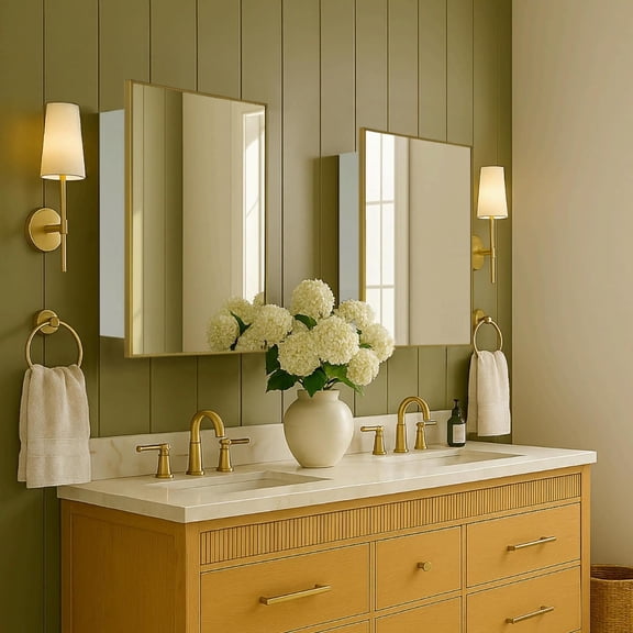 16.5x24 Inch Brushed Gold Recessed or Surface Mount Medicine Cabinet with Square Cornered Metal Framed Rounded Rectangle Mirror