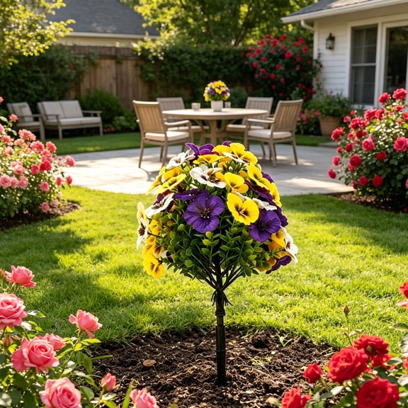 16.5x7.9In Artificial Pansy Bush With Ground Stake Faux Plastic Flowers Outdoor Garden Patio Porch Terrace Decoration UV Resistant Year Round Color