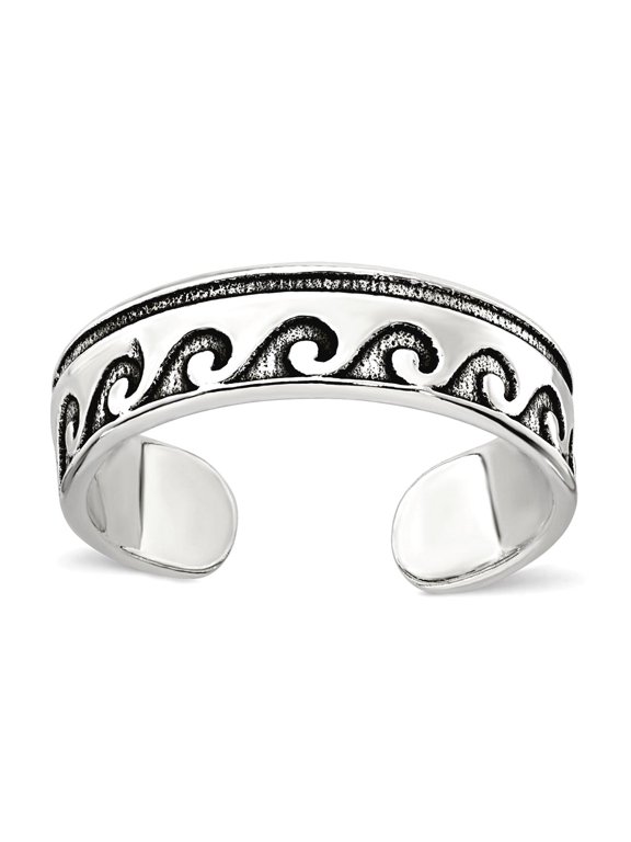 16.6mm 925 Sterling Silver Polished and Oxidized Waves toe ring toe ring for Women - 1.5 Grams
