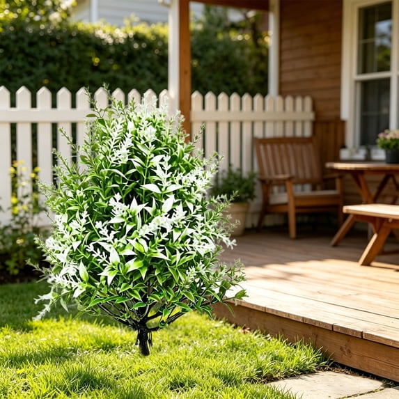 16.7" Artificial Topiary Tree, Set of 1 Artificial Shrubs Fake Bushes with Spike, Faux Plants for Porch, Artificial Plants for Outdoor Planters Indoor UV Resistant(White)