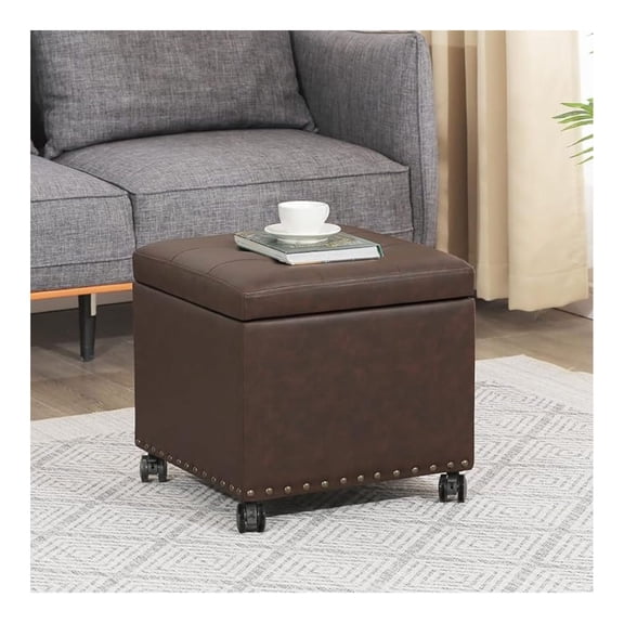 16.7" H Brown Leather Storage Ottoman with 360 Caster Wheels, Square Foot Stool with Decorative Bronze Thumb Tacks & 330 LB Load Capacity, Modern Ottoman for Living Room, Bedroom, Entryway
