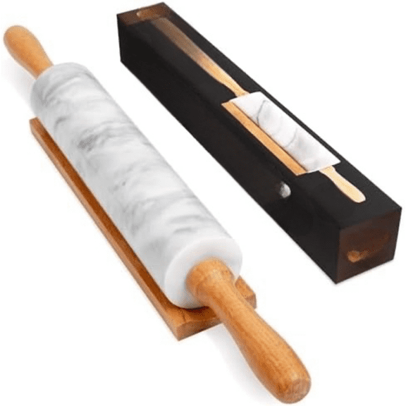 16.7 Inches Marble Rolling Pin for Baking with Wooden Handles & Wooden Cradle - Rolling Pin for making Pizza Dough & Tortillas, Dough Roller for Pasta, Cookie, Pie Crust and More!$$
