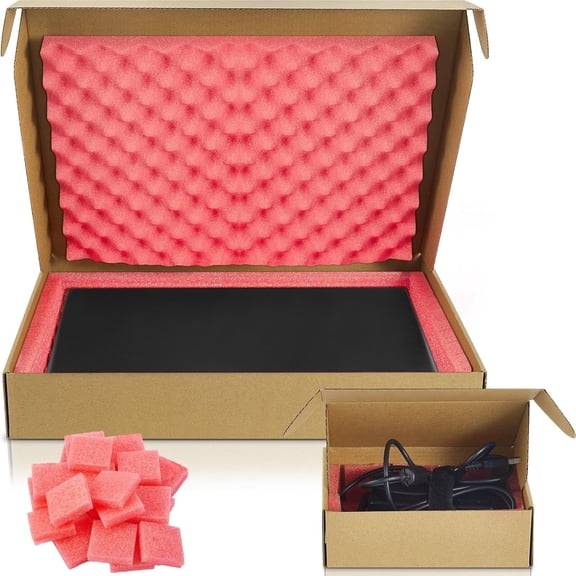 16.7 x 13 x 2.5 Inch Laptop Shipping Box Secure Mailer Box Kraft Mailing Boxes for Packing Moving with Charger Box, Foam Sheets, Foam Frame, Foam Padding, Fits Most Laptop Screen Sizes(1 Set)