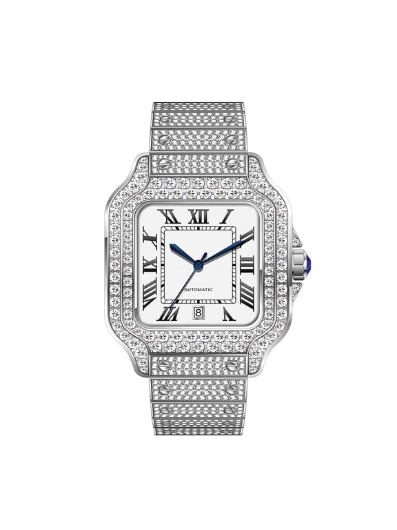 16.75CT Stylish Hip Hop Iced Out VVS Moissanite Automatic Watch, Collection of 2882 D Color Moissanite Stones ,White Strap, Passes Tester