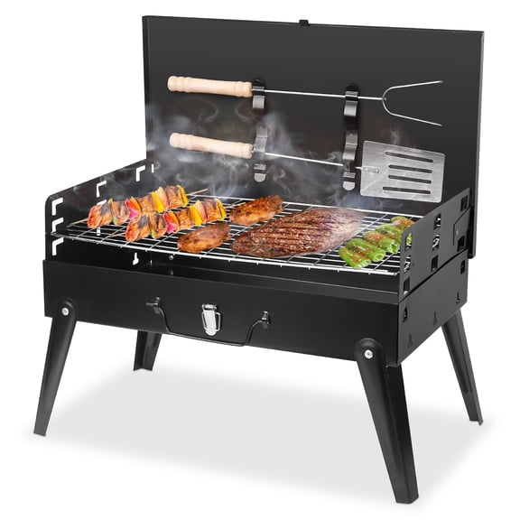16.7x10x17.7in TeqHome Portable Charcoal Grill Foldable BBQ Suitcase Grill Shelf with 3 Adjustable Height for Outdoor Camping Picnics Garden Grilling Black