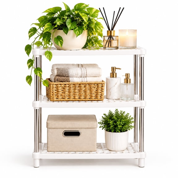 3Tier Plastic Storage Shelves Adjustable & Stackable Organizer 16 8 21in
