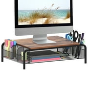 16.85" Metal Desk Monitor Stand Riser with Organizer Drawer, Black and Brown Rustic Monitor Riser for Computer, Laptop, Small Printer