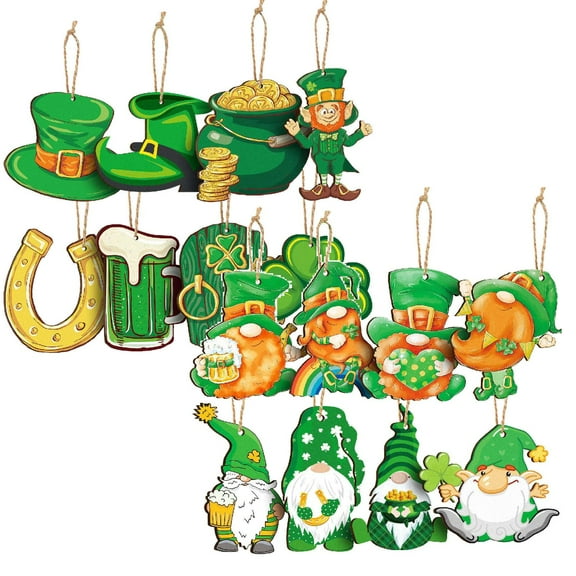16/8pcs St. Patrick's Day Hanging Ornaments Set Hanging Holiday Ornaments Gnome Rainbow Designs Cutout Hanging for Saint Patrick's Party Supplies Home