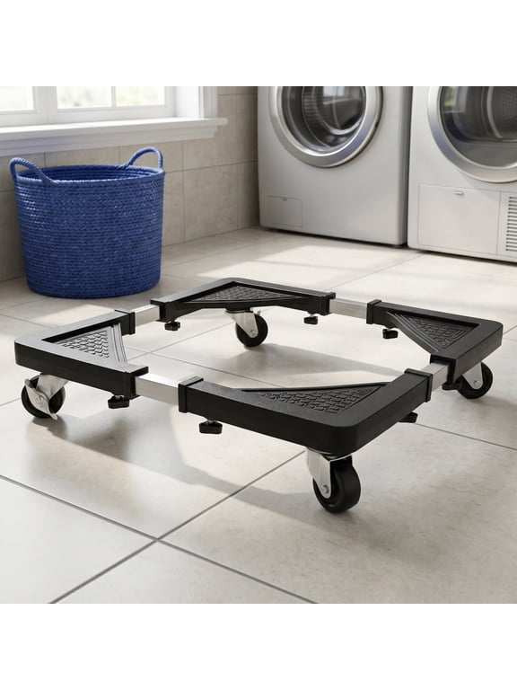 16.9"-25.6" Adjustable Mini Fridge Stand Mobile Roller, Furniture Dolly with 4 Locking Wheels, Heavy Duty Washing Machine Base, Universal Appliance Pedestal for Dryer and Refrigerator Black