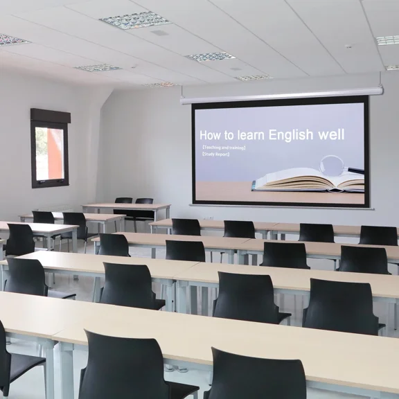 16:9 Automatic projector screen, made of PVC material, with remote control, can be installed on walls or ceilings, suitable for meeting rooms, classrooms, and bars.