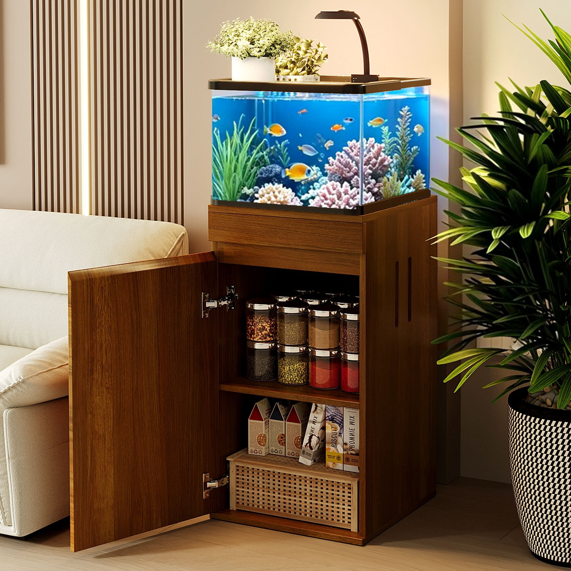 16.9-Inch Fish Tank Stand with Storage Cabinet and Power Outlets, 330 lb Capacity Aquarium Stand with Adjustable Shelf for 10-15 Gallon Tanks, Brown