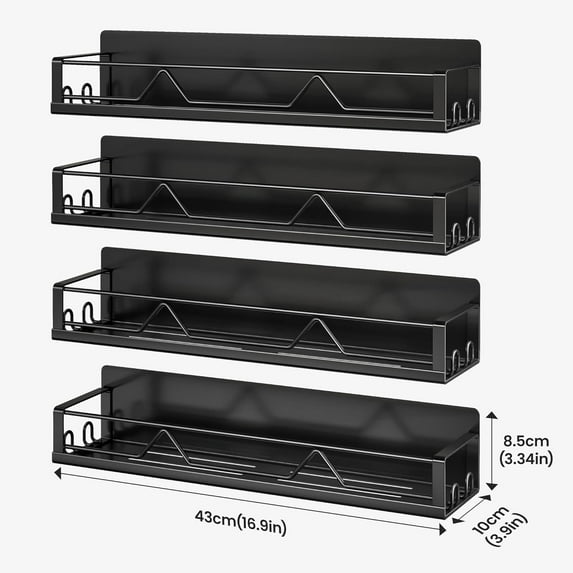16.9 Inch Wide Large Capacity Magnetic Spice Rack for Refrigerator, 4 Pack Metal Fridge Shelf, Black