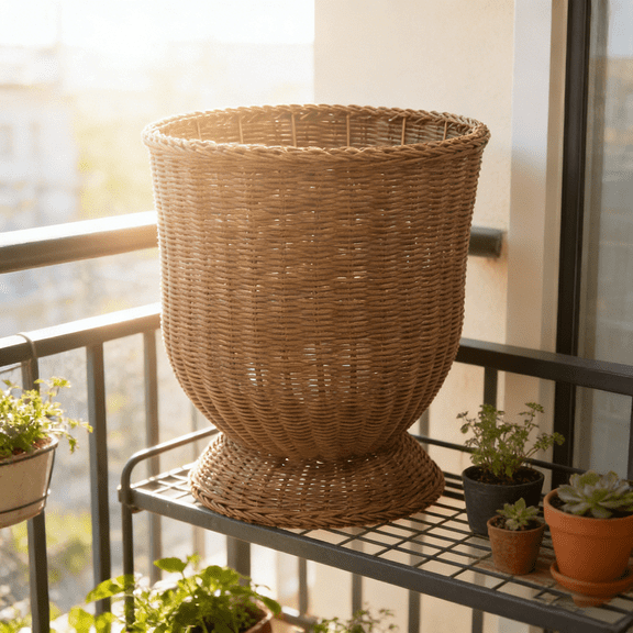 16.9 Inch Woven Rattan Planter Basket with Tall Rotundity Cute Design, Decorative Indoor Outdoor Storage Pot for Porch, Patio, Backyard & Home Garden, Ideal for Olive Trees & Plants