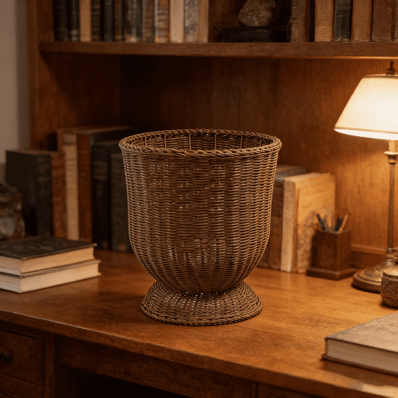 16.9 Inch Woven Rattan Storage Planter Basket, Decorative Indoor Outdoor Pot for Porch, Patio, Backyard & Home Garden, Tall Rotundity Design Great for Olive Trees & Plants