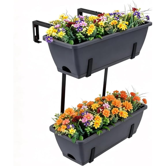 16.9 Inches Deck Railings Planter Box, 2Pcs Hanging Flower Pots, Grey