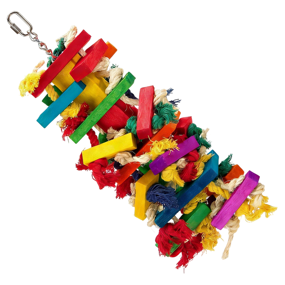 16.9 in Large Wood Bird Toys for Macaws, Colorful Parrot Chew Toy with Cotton Rope, Safe Wooden Blocks, Hanging in Parrot Cage for Entertainment, Cleaning Teeth