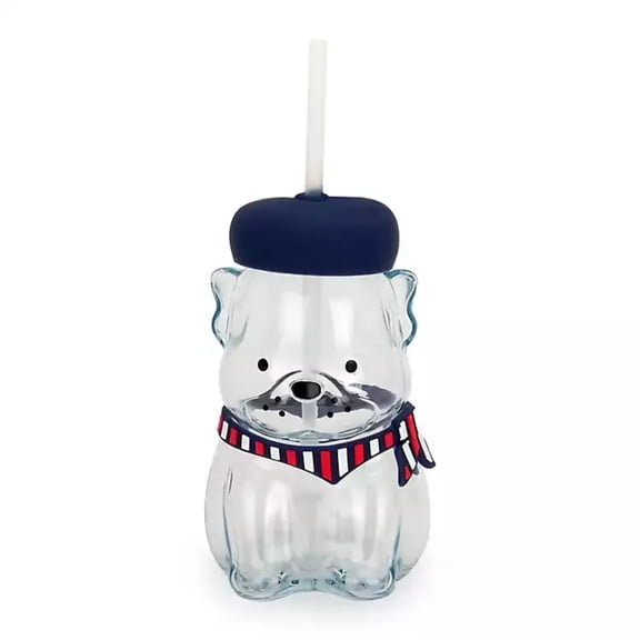 16.9 Oz Bear Shaped Glass Tumbler with Lid and Straw, Reusable Cute Bear Glass Cup for Iced Coffee Milk Tea Cocktails, Dishwasher Safe Drinking Cup for Home Office Daily Use, Blue
