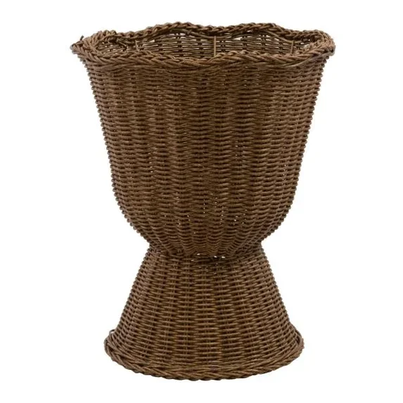 16.9'' Rattan Woven Urn-Style Planter, All-Season Decorative Plant Pot for Indoor Outdoor, Rustic Pedestal Wicker Basket with Scalloped Rim, Tall Elevated Flower Pot Stand for Patio, Balcony