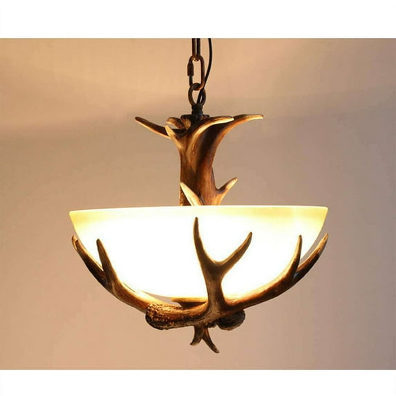 16.9" Vintage Antler Chandelier Pendant Lamp Resin Faux Deer Horn Ceiling Light Rustic Frosted Glass Bowl Shade Antler Pendant Light