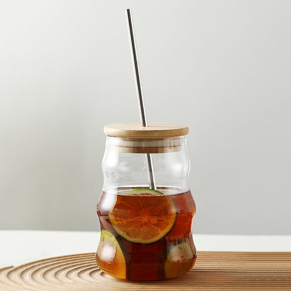 16.9 oz Coffee Drinking Glass Cups-Transparent Water Juice Bubble Tea Milk Beer Cup With Lid and Straw,Simple Drinkware Ribbed Coffee Glass Mug