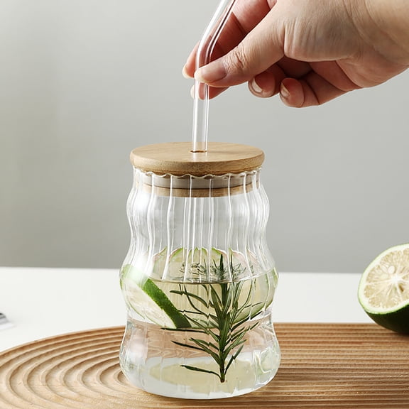 16.9 oz Coffee Drinking Glass Cups-Transparent Water Juice Bubble Tea Milk Beer Cup With Lid and Straw,Simple Drinkware Ribbed Coffee Glass Mug