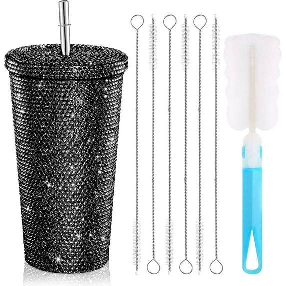 16.9 oz Studded Bling Diamond Tumbler Glitter Water Bottle with Lid, Stainless Steel Vacuum Thermal Straw Rhinestone Tumbler with 1Pcs Cup Brush & 6Pcs Straw Brushes for Women(Black)