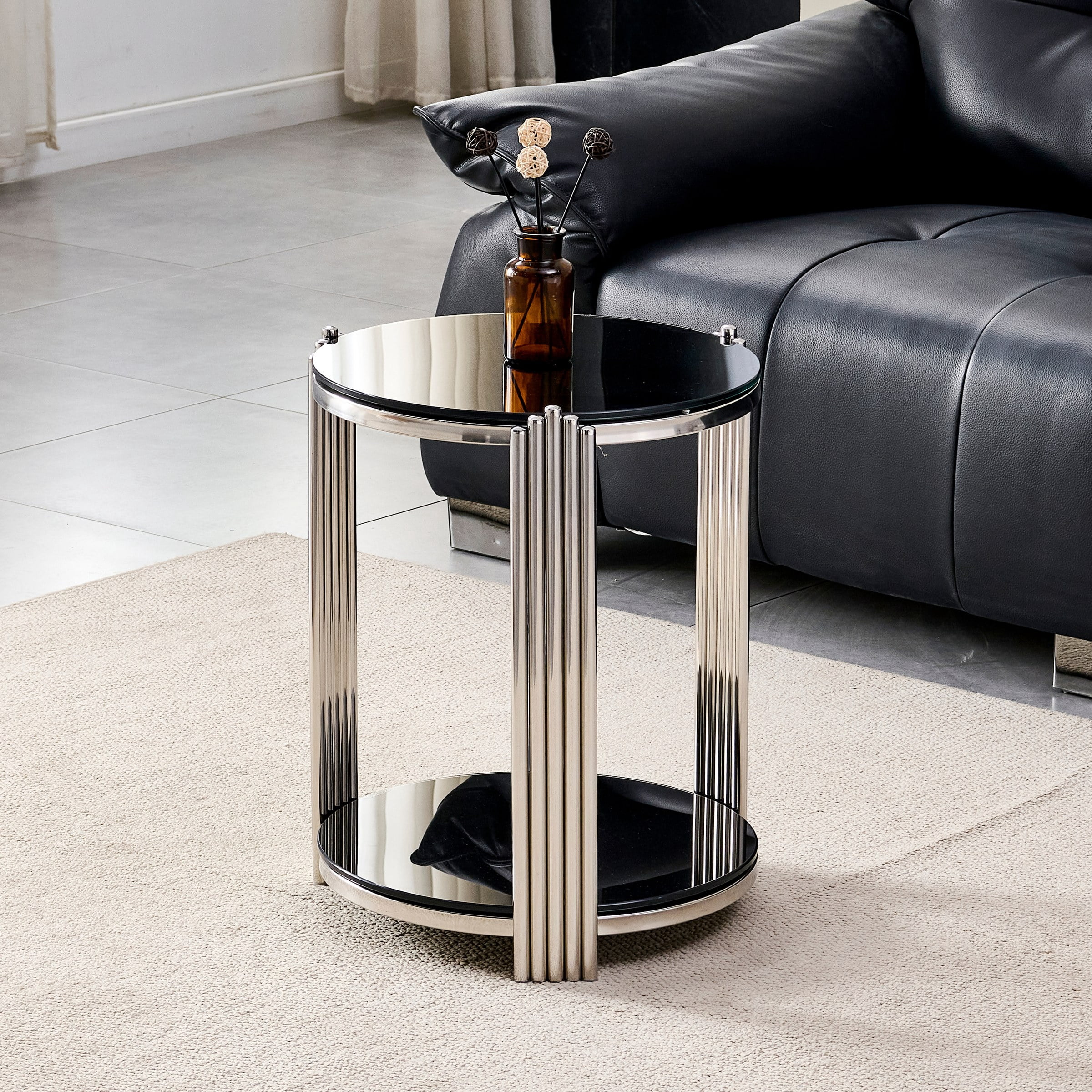 16.90 Inch Modern End Table, Bedside Table, Double-Layer Tempered Black Glass & Silver Stainless Steel Frame Living Room Table, Round Table