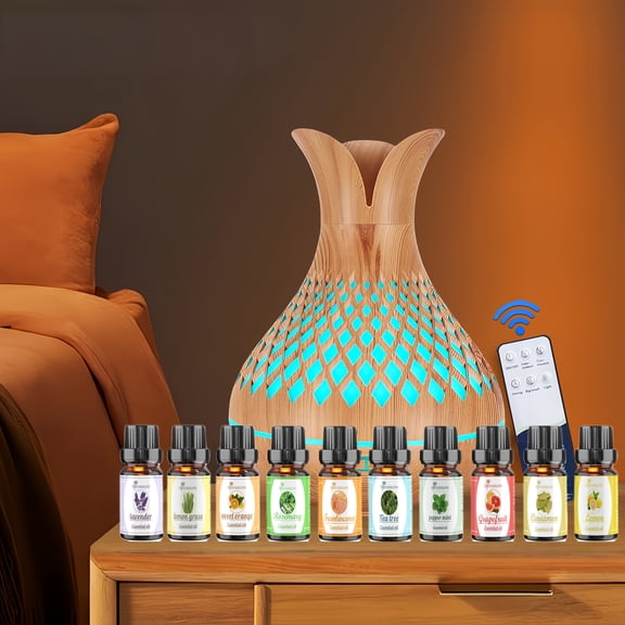 16.91oz Essential Oil Diffuser with 10 Bottles of Oils, Natural Evaporative Humidifier with Remote Control, 7 Colour Changes, Timer & Auto-Off, for Large Rooms & Home Offices (Wooden Surfaces)