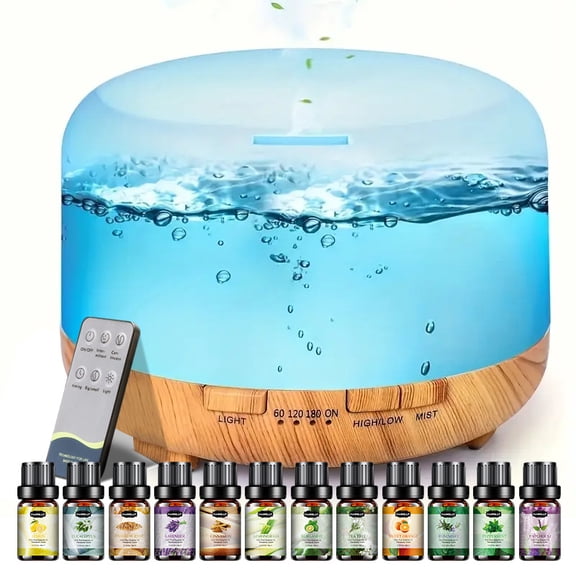 16.91oz Home Lamp Aromatherapy Diffuser - 12 Essential Oils, Remote Control, 7 Color LED Light, for Home, Office & Bedroom