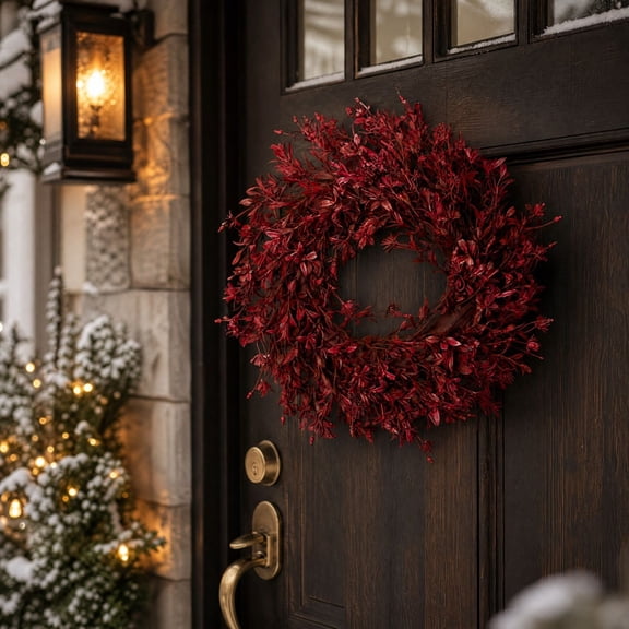 16.92in Fall Burgundy Wreath for Front Door - Artificial Wreath, Full Dense Red Foliage, Autumn Modern Romantic Wreath for Wall Window Porch Indoor Outdoor Decor - Akmoler