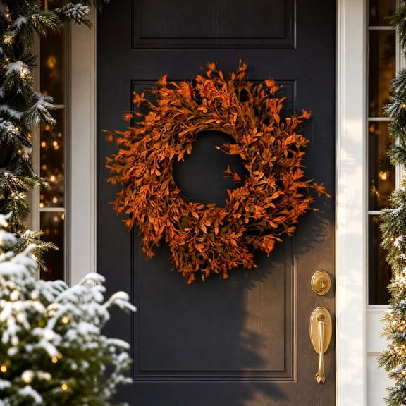 16.92in Fall Wreath for Front Door - Artificial Autumn Leaf Wreath, Full Dense Orange Brown Foliage, Harvest Thanksgiving Farmhouse Wreath for Wall Window Porch Indoor Outdoor Decor - Akmoler