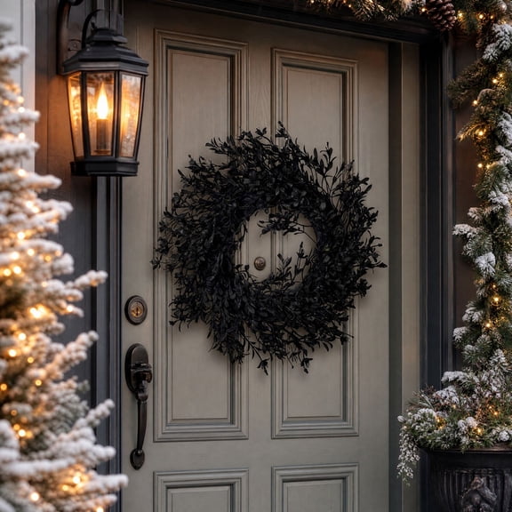 16.92in Halloween Wreath for Front Door - Fall Artificial Black Leaf Wreath, Full Dense Black Foliage, Plain Autumn Wreath - Halloween Gothic Modern Wreath for Wall Window Porch Indoor Outdoor Decor