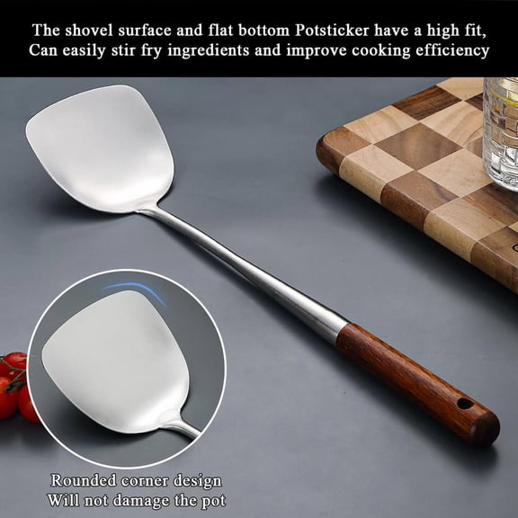 16.93 Inch Stainless Steel Wok Spatula, Wide Cooking Tool with Wooden Handle for Stirring and Turning