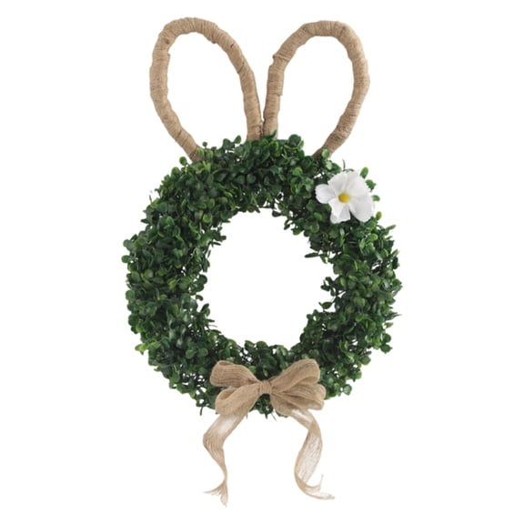 16.93Inch Easter Bunny Wreath with Burlap Bow & Boxwood Greenery, Rabbit Ear Front Door Hanging Decoration, Spring Farmhouse Easter Decor for Home Wall Window