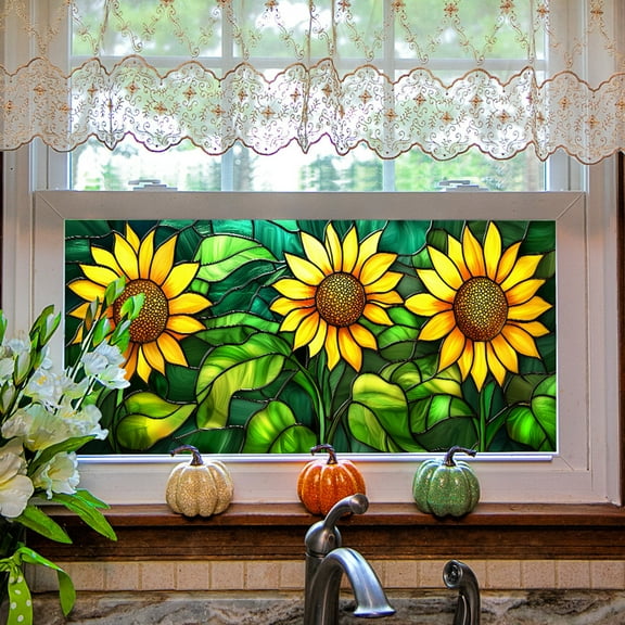 16.93x39.37inch, Retro Magnolia Flowers Window Privacy Film,Stained Glass Decals Colorful Floral Privacy Rainbow Decals Living Room Sun Blocking Decor Removable Static Cling Stickers