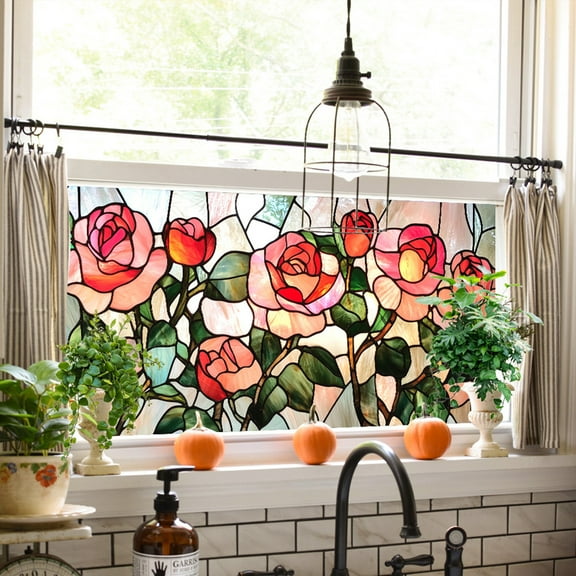 16.93x39.37inch, Retro Magnolia Flowers Window Privacy Film,Stained Glass Decals Colorful Floral Privacy Rainbow Decals Living Room Sun Blocking Decor Removable Static Cling Stickers