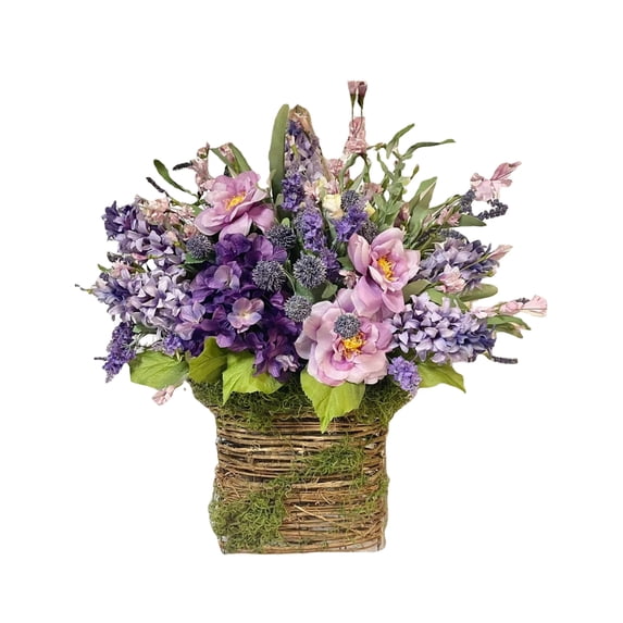 16.9in Artificial Hydrangea Hanging Basket, Faux Rattan Planter with Silk Flowers, Porch and Patio Floral Decoration, Outdoor Garden Hanging Ornament, Maintenance-Free Home Decor