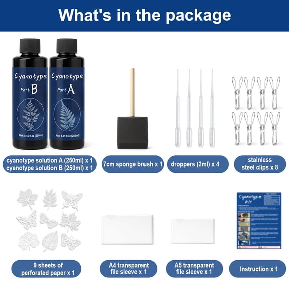16.9oz Cyanotype Solution Kit, Premixed Printing Set with Paper, Clips and Transparent Sleeves for Prints and DIY Art Projects