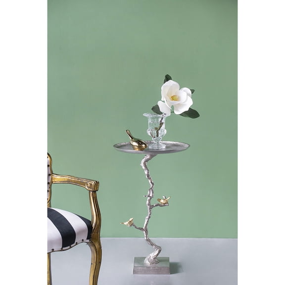 16.9x16.9x28" Round Aluminum Side Table with Silver Branch Design and Gold Bird Accents - End Table