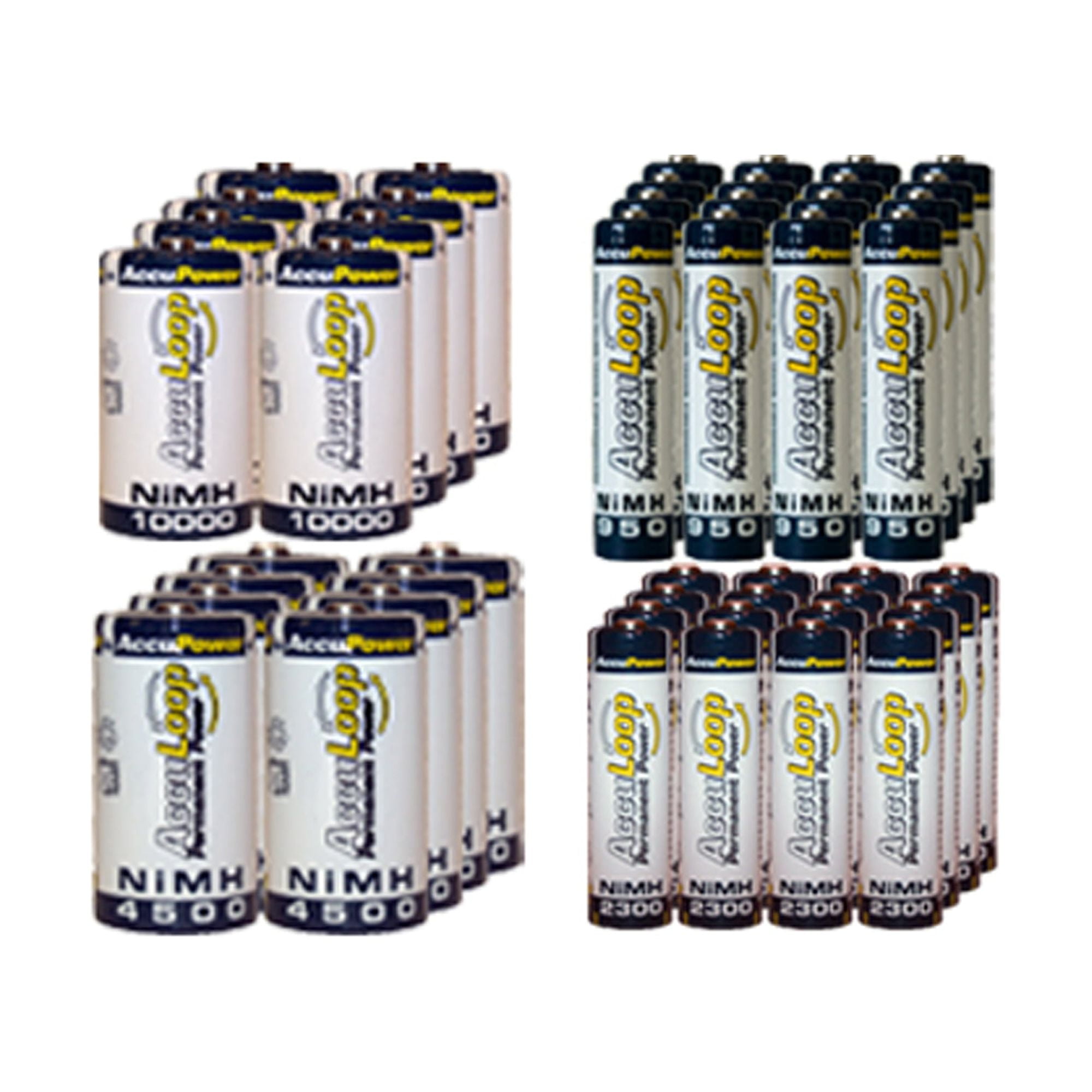 16 AA (2600 mAh) + 16 AAA (1100 mAh) + 8 C (4500 mAh) + 8 D (10000 mAh) NiMH AccuLoop Batteries